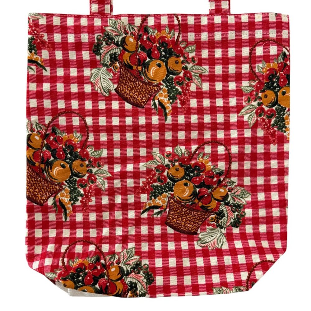 Tory Burch Red Fruits de Marche Plaid Gingham Market Tote Shopping Canvas Bag - Picture 5 of 16